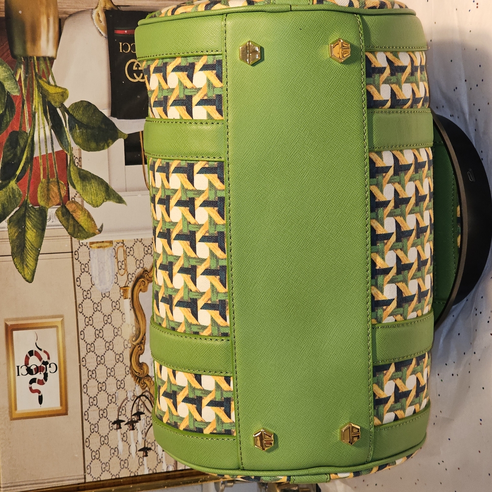 Tory Burch Riviera Green Wicker Print Leaf  Patterned Women's Satchel Bag - Picture 11 of 16